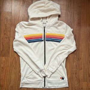 Vintage Style Cream Hoodie with Rainbow Stripes